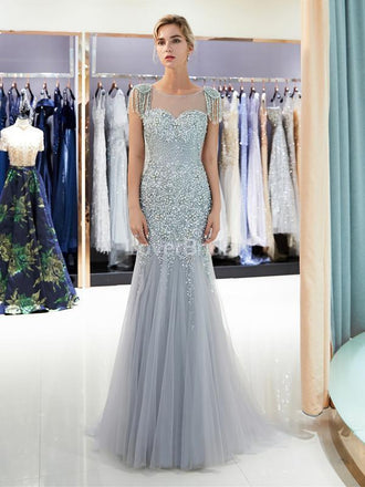 Scoop See Through Grey Rhinestone Beaded Mermaid Evening Prom Dresses, Evening Party Prom Dresses, 12041