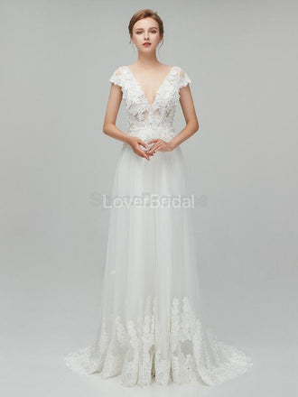 See Through Backless Cap Sleeves Cheap Wedding Dresses Online, Unique Bridal Dresses, WD562