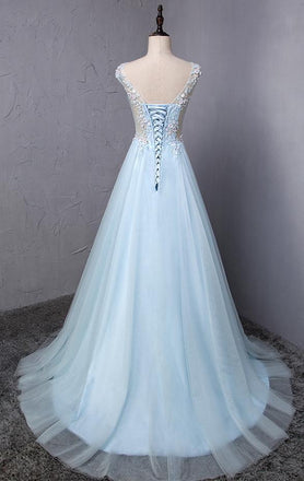 See Through Cap Sleeve Light A-line Long Evening Prom Dresses, 17623