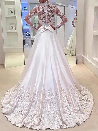 See Through Lace Long Sleeves A-line Wedding Dresses Online, Cheap Lace Bridal Dresses, WD451