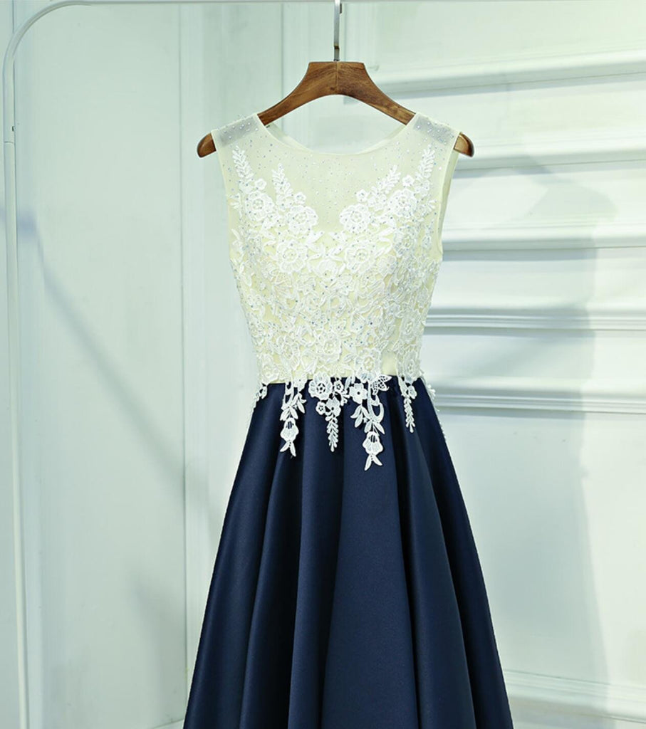 See Through Lace Navy Skirt Short Homecoming Prom Dresses, Affordable Corset Back Short Party Prom Dresses, Perfect Homecoming Dresses, CM244