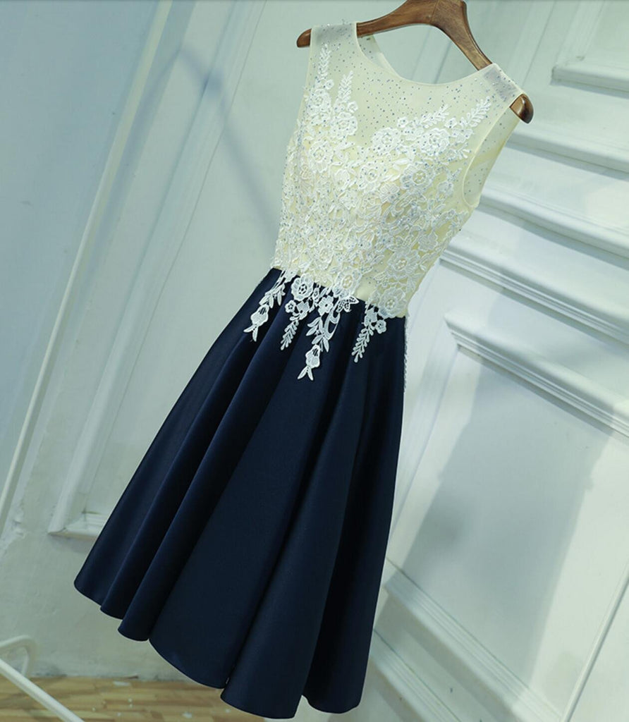 See Through Lace Navy Skirt Short Homecoming Prom Dresses, Affordable Corset Back Short Party Prom Dresses, Perfect Homecoming Dresses, CM244