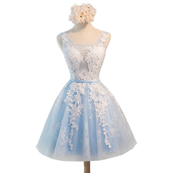 See Through Light Blue Skirt Ivory Lace Homecoming Prom Dresses, Affordable Short Party Prom Dresses, Perfect Homecoming Dresses, CM278