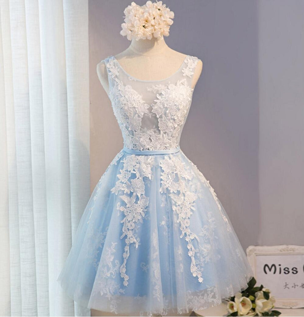 See Through Light Blue Skirt Ivory Lace Homecoming Prom Dresses, Affordable Short Party Prom Dresses, Perfect Homecoming Dresses, CM278