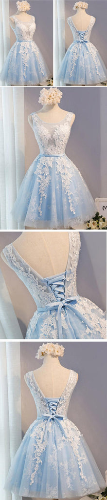 See Through Light Blue Skirt Ivory Lace Homecoming Prom Dresses, Affordable Short Party Prom Dresses, Perfect Homecoming Dresses, CM278