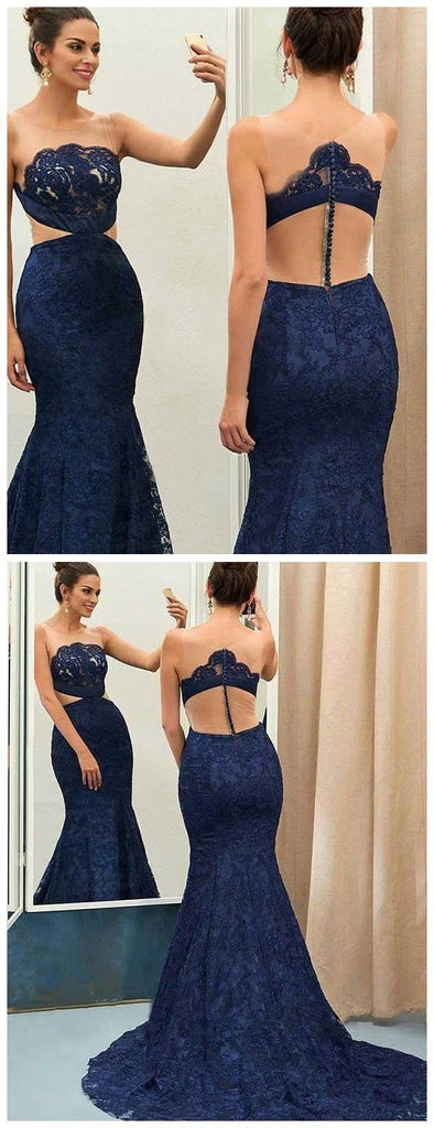 See Through Navy Lace Mermaid Long Evening Prom Dresses, Cheap Sweet 16 Dresses, 18368