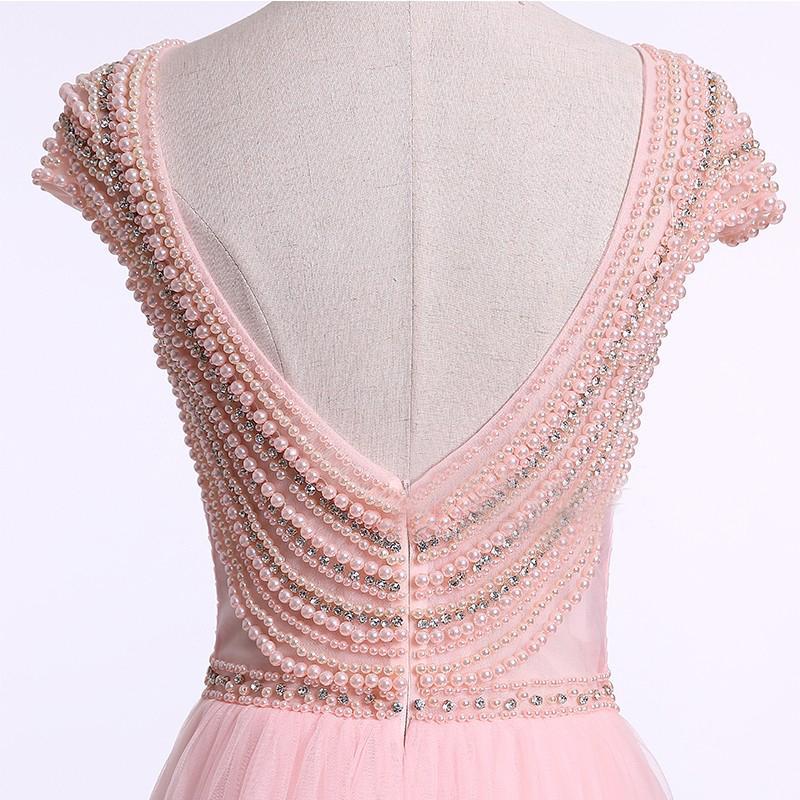 Sexy Backless Cap Sleeve Blush Pink Beaded Long Evening Prom Dresses, Popular Cheap Long Party Prom Dresses, 17241