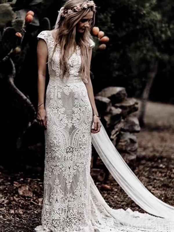 Sexy Backless Cap Sleeves Lace Mermaid Cheap Wedding Dresses Online, Cheap Unique Bridal Dresses, WD586