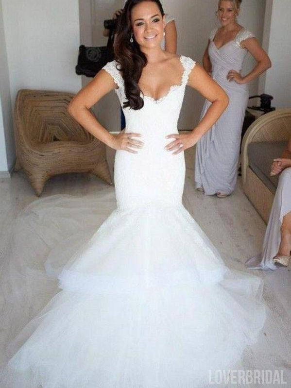Sexy Backless Cap Sleeves Lace Mermaid Wedding Dresses Online, WD408