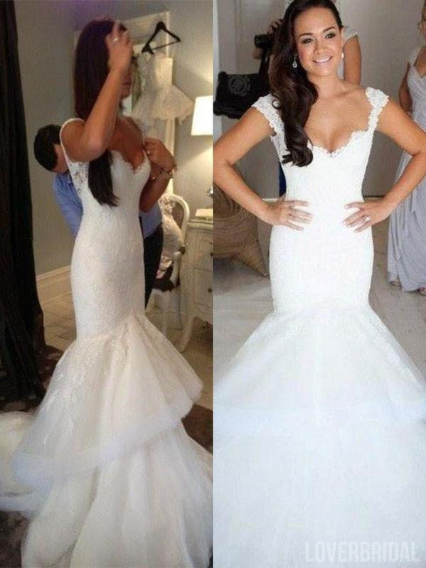 Sexy Backless Cap Sleeves Lace Mermaid Wedding Dresses Online, WD408