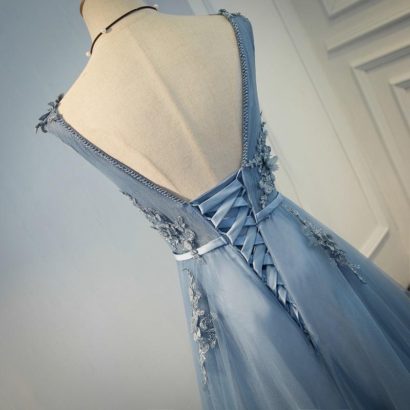Sexy Backless Dusty Blue V Neckline Lace Beaded Evening Prom Dresses, Cheap Long Party Prom Dresses, Custom Affordable Prom Dresses, 18057