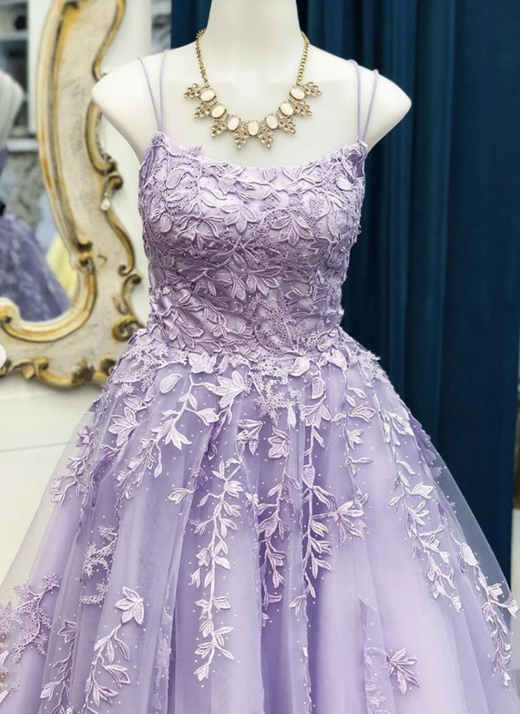 Sexy Backless Lilac Lace Beaded A-line Long Evening Prom Dresses, Evening Party Prom Dresses, 12301