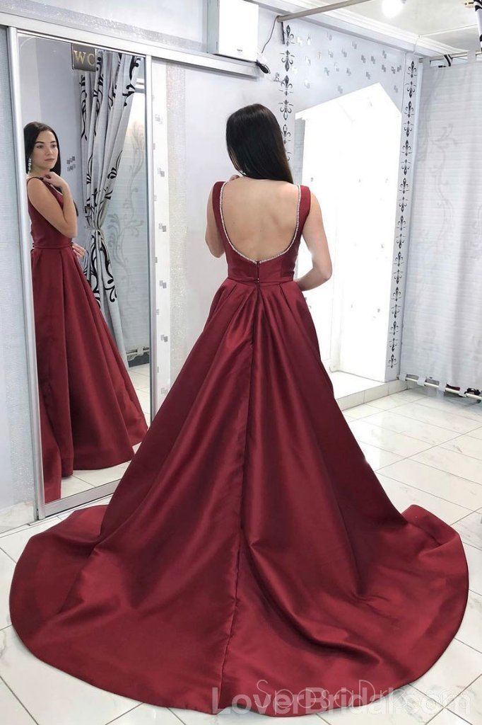 Sexy Backless Maroon Simple Long Evening Prom Dresses, Cheap Custom Party Prom Dresses, 18581