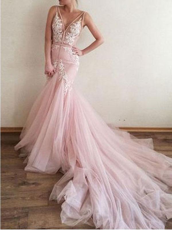 Sexy Backless Pink Lace Straps V Neck Long Evening Prom Dresses, 17515