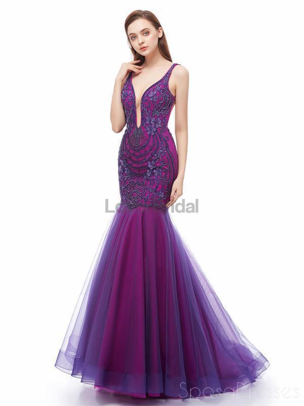 Sexy Backless Purple V Neck Mermaid Evening Prom Dresses, Evening Party Prom Dresses, 12107