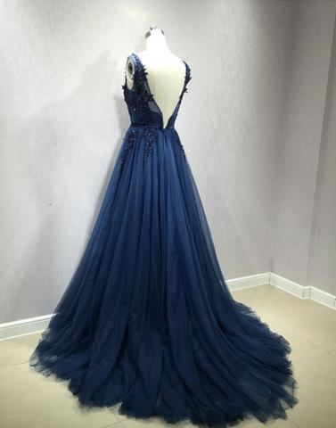 Sexy Backless V Neckline Navy Lace Beaded Evening Prom Dresses, Popular Navy Tulle Party Prom Dress, Custom Long Prom Dresses, Cheap Formal Prom Dresses, 17155