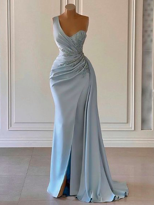 Sexy Blue Mermaid One Shoulder High Slit Cheap Long Prom Dresses,12826