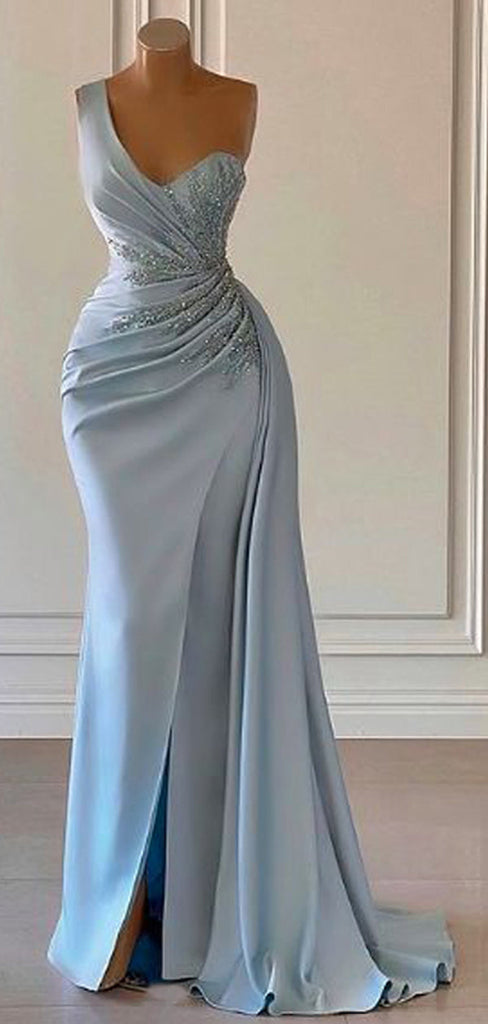 Sexy Blue Mermaid One Shoulder High Slit Cheap Long Prom Dresses,12826