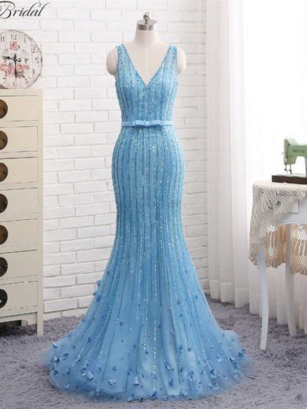 Sexy Blue Mermaid V-neck Maxi Long Prom Dresses,Evening Dresses,12923