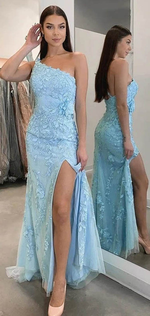 Sexy Blue Sheath One Shoulder High Slit Long Prom Dresses Online,12484