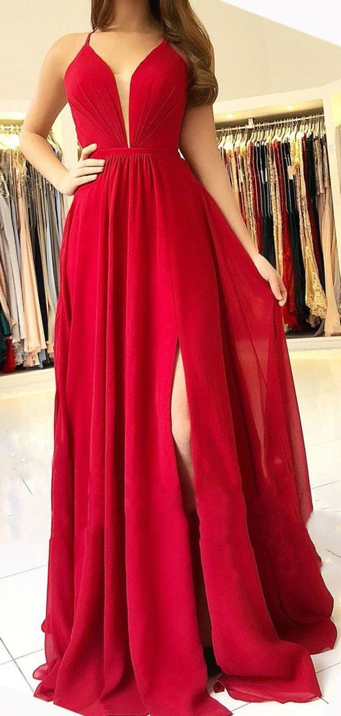 Sexy Bright Red Halter Side Slit Long Evening Prom Dresses, Cheap Sweet 16 Dresses, 18358