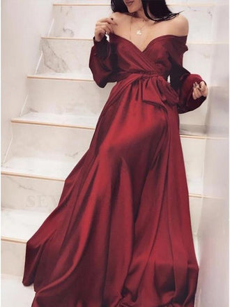 Sexy Burgundy A-line Off Shoulder Long Sleeves Prom Dresses Online,12396