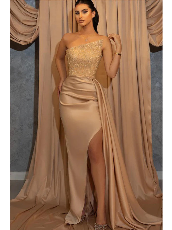 Sexy Champagne Mermaid Strapless Side Slit Cheap Long Prom Dresses,12849