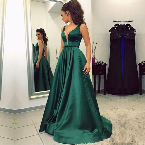 Sexy Deep V Neckline A line Evening Prom Dresses, Popular Emerged Green Party Prom Dresses, Custom Long Prom Dresses, Cheap Formal Prom Dresses, 17199