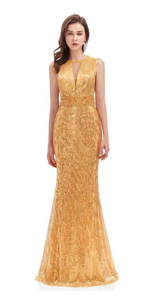 Sexy Gold Mermaid Sleeveless V-neck Backless Long Prom Dresses Online,12582