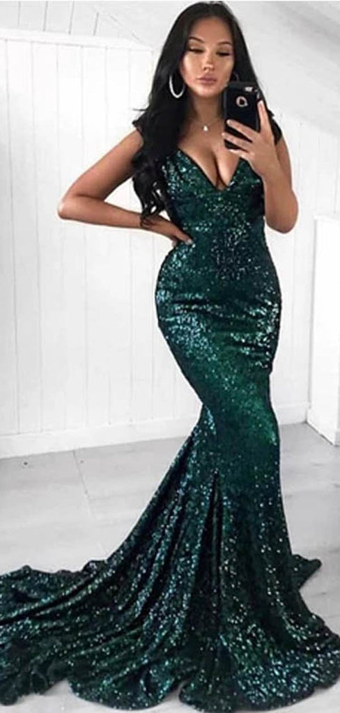 Sexy Green Mermaid V-neck Spaghetti Straps Cheap Long Prom Dresses Online,12524