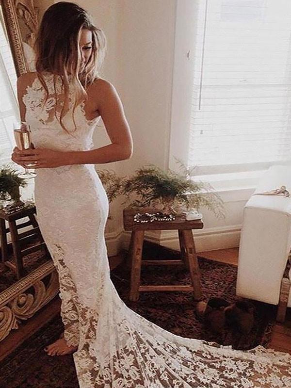 Sexy Halter Lace Mermaid Cheap Wedding Dresses Online, WD415