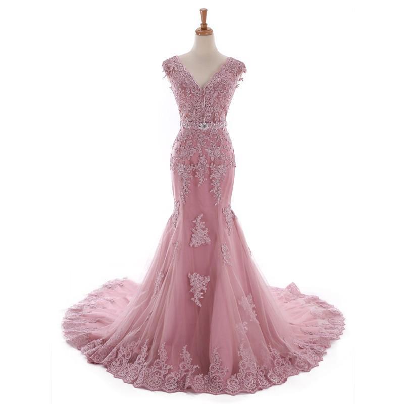 Sexy Lace Mermaid V Neckline Dusty Pink Long Evening Prom Dresses, Popular Cheap Long 2022 Party Prom Dresses, 17226