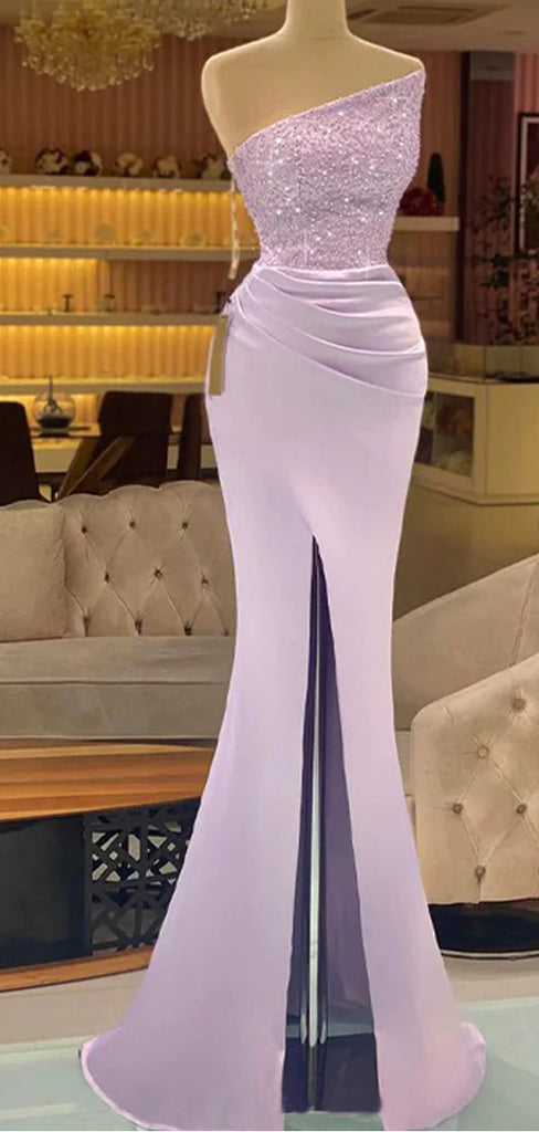 Sexy Lilac Mermaid Strapless Side Slit Cheap Long Prom Dresses,12875
