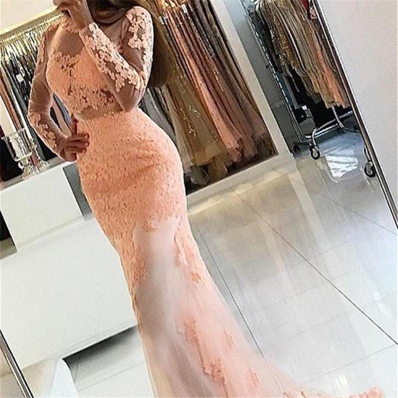 Sexy Long Sleeve Backless See Through Peach Lace Beaded Long Evening Prom Dresses, Popular Cheap Long Party Prom Dresses, 17307