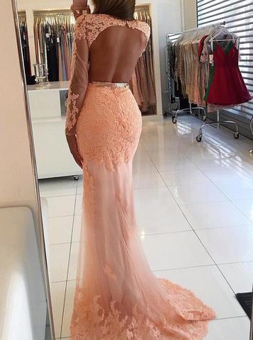 Sexy Long Sleeve Backless See Through Peach Lace Beaded Long Evening Prom Dresses, Popular Cheap Long Party Prom Dresses, 17307