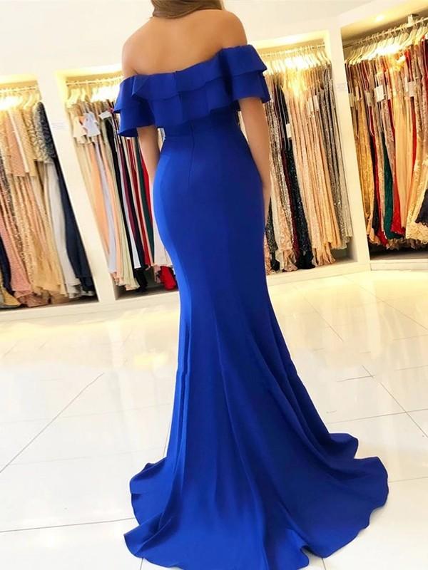 Sexy Mermaid Royal Blue Off Shoulder High Slit Long Prom Dresses Online,12413