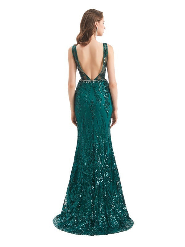 Sexy Mermaid Sleeveless Green Jewel Backless Long Prom Dresses Online,12587