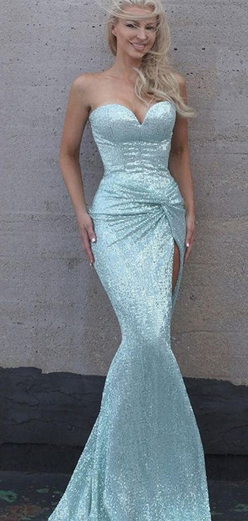Sexy Mermaid Strapless Sweetheart High Slit Maxi Long Prom Dresses,13059