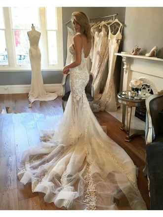 Sexy Mermaid V-neck Spaghetti Straps Handmade Lace Wedding Dresses,WD739