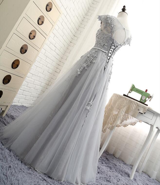 Sexy Open Back Cap Sleeve Gray Lace Beaded Evening Prom Dresses, Popular Lace Party Prom Dresses, Custom Long Prom Dresses, Cheap Formal Prom Dresses, 17178