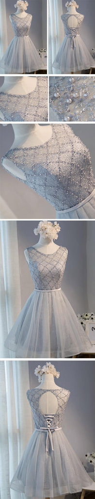 Sexy Open Back Grey Lace Beaded Homecoming Prom Dresses, Affordable Short Party Prom Dresses, Perfect Homecoming Dresses, CM286