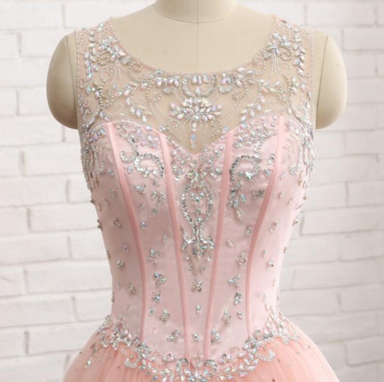 Sexy Open Back Scoop Neckline Blush Pink Evening Prom Dresses, Popular Beaded Party Prom Dress, Custom Long Prom Dresses, Cheap Formal Prom Dresses, 17153