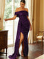 Sexy Purple Mermaid Off Shoulder High Slit Maxi Long Prom Dresses,13005