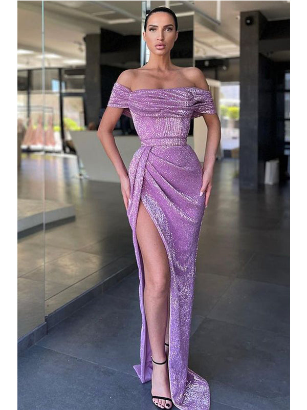 Sexy Purple Sheath Off Shoulder Side Slit Long Prom Dresses,Evening Dreses,12906