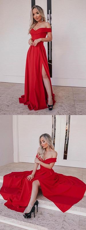 Sexy Red A-line Off Shoulder Side Slit Cheap Long Prom Dresses Online,12424