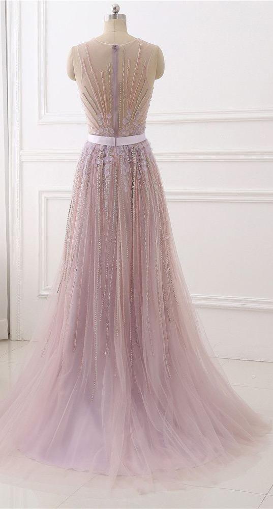 Sexy See Through Dusty Pink Lace Beaded Evening Prom Dresses, Popular Unique Party Prom Dress, Custom Long Prom Dresses, Cheap Formal Prom Dresses, 18000