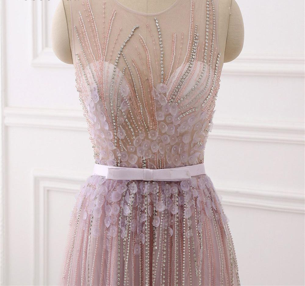 Sexy See Through Dusty Pink Lace Beaded Evening Prom Dresses, Popular Unique Party Prom Dress, Custom Long Prom Dresses, Cheap Formal Prom Dresses, 18000