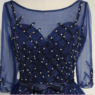 Sexy See Through Long Sleeve Navy Lace Beaded Long Evening Prom Dresses, Popular Cheap Long 2022 Party Prom Dresses, 17231