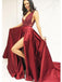 Sexy Side Slit Deep V Neck Red A-line Long Evening Prom Dresses, Cheap Sweet 16 Dresses, 18326