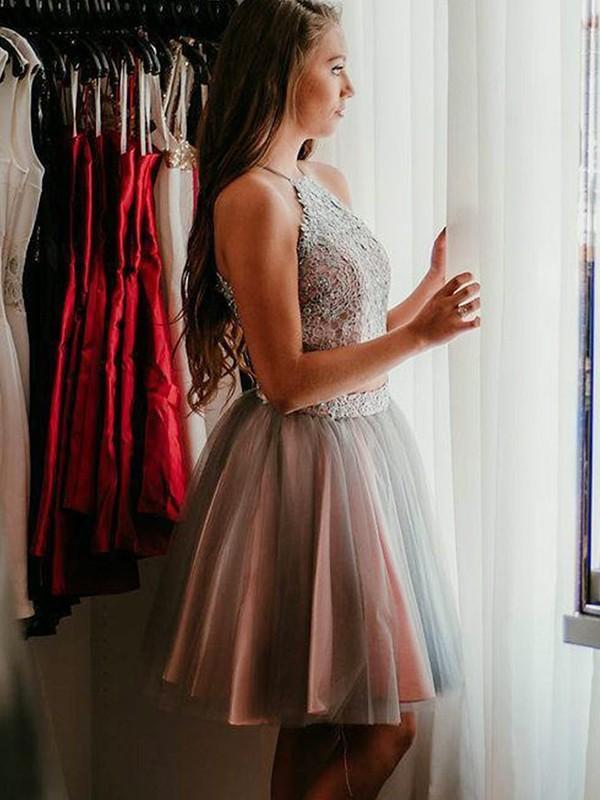 Sexy Two Pieces Halter Grey Tulle Cheap Homecoming Dresses Online, CM706